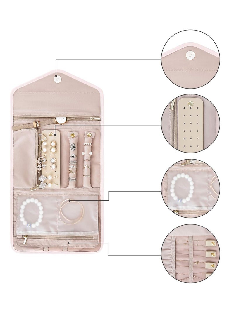 Arabest Portable Jewelry Bag, Travel Jewelry Organizer, Fabric Jewelry Storage Pouch, Separate Compartments for Necklaces, Earrings, Bracelets, Rings, Foldable Easy Packing (pink) - Image 3