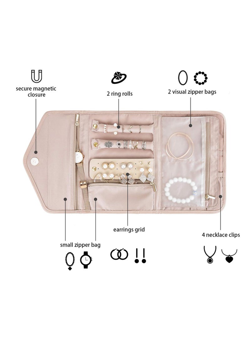 Arabest Portable Jewelry Bag, Travel Jewelry Organizer, Fabric Jewelry Storage Pouch, Separate Compartments for Necklaces, Earrings, Bracelets, Rings, Foldable Easy Packing (pink) - Image 2