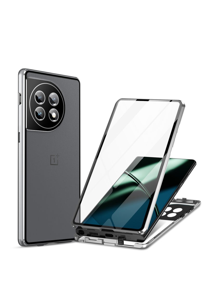 Case compatible with OnePlus 11 5G, magnet metal frame, double-sided clear glass shockproof with PC matte backplate