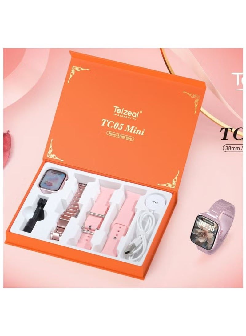 Telzeal TC05 Mini Smart Watch – 38mm Compact HD Touch Display, 3 Interchangeable Straps + Strap Lock, Fitness & Health Tracker, Bluetooth Call, Stylish Lightweight Design for Women – Pink - Image 5