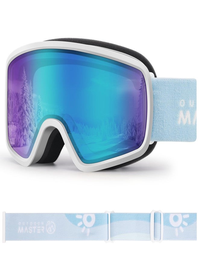 OutdoorMaster Children's OTG Ski Snowboard Goggles Snow Goggles with 100% UV Protection Children's Snow Goggles for Boys Girls Toddlers (White Frame Vlt 18.3% + Revo Ice Blue Lens) - Image 1