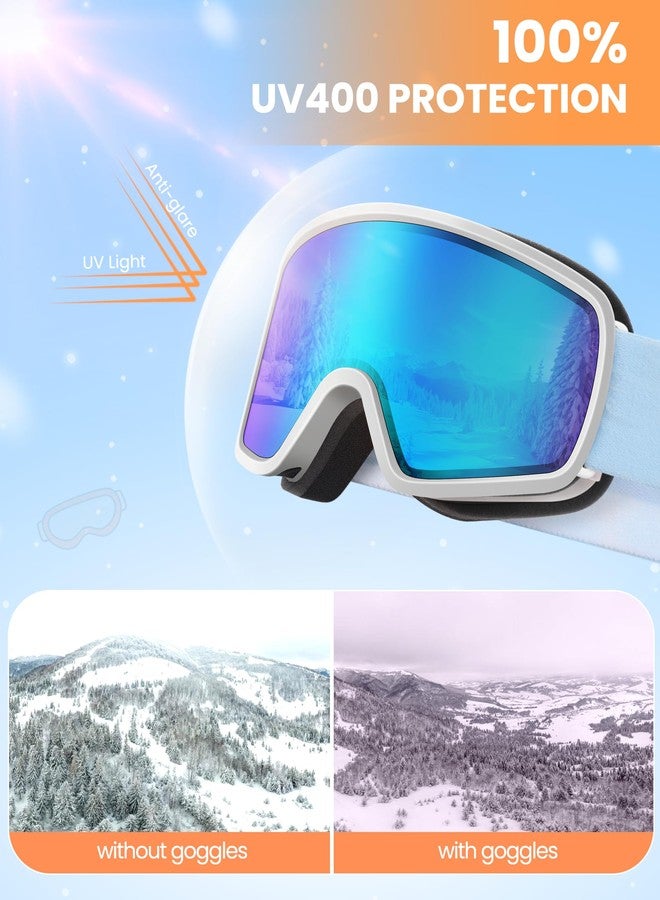 OutdoorMaster Children's OTG Ski Snowboard Goggles Snow Goggles with 100% UV Protection Children's Snow Goggles for Boys Girls Toddlers (White Frame Vlt 18.3% + Revo Ice Blue Lens) - Image 2