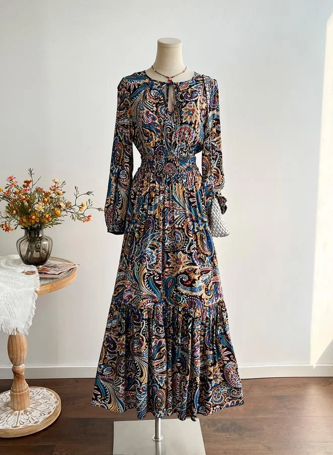 Paisley Print Maxi A-Line Dress with Long Sleeves