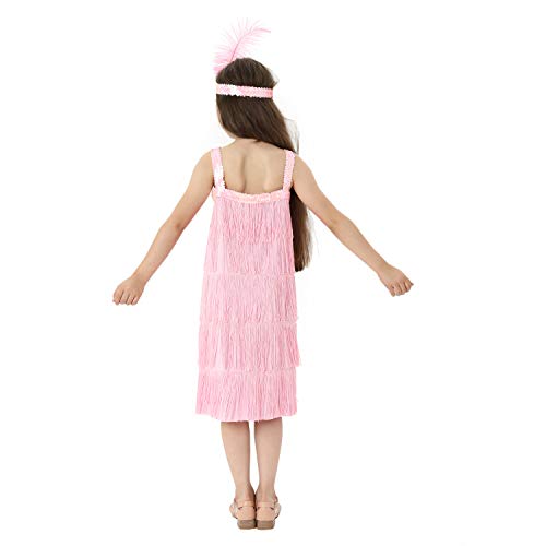 Leadtex Girls 20s Flapper Dresses Costume Dress Childrens Party Fringed Dresses with Feather HeadbandSize M810Pink - Image 5
