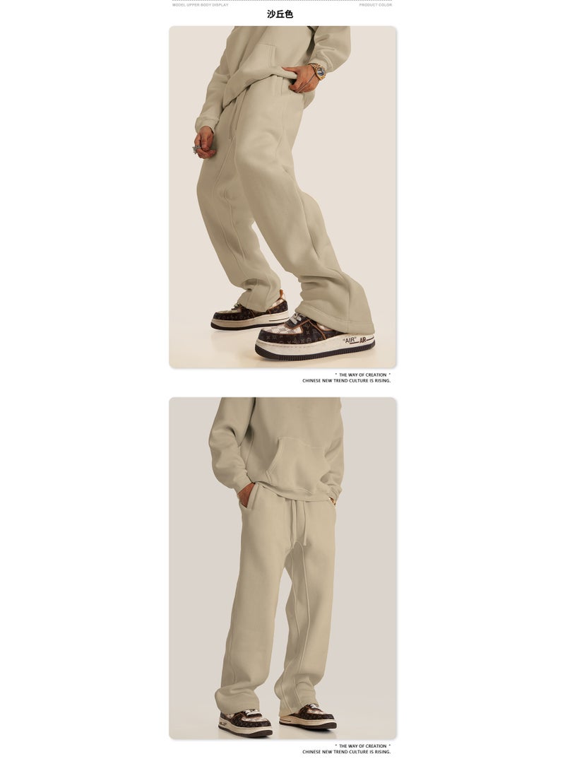 بى طقم من قطعتين: سويت شيرت بغطاء رأس بلون سادة مبطن بالصوف، كارديجان فضفاض كاجوال، وبنطال رياضي (بني فاتح) - Image 5