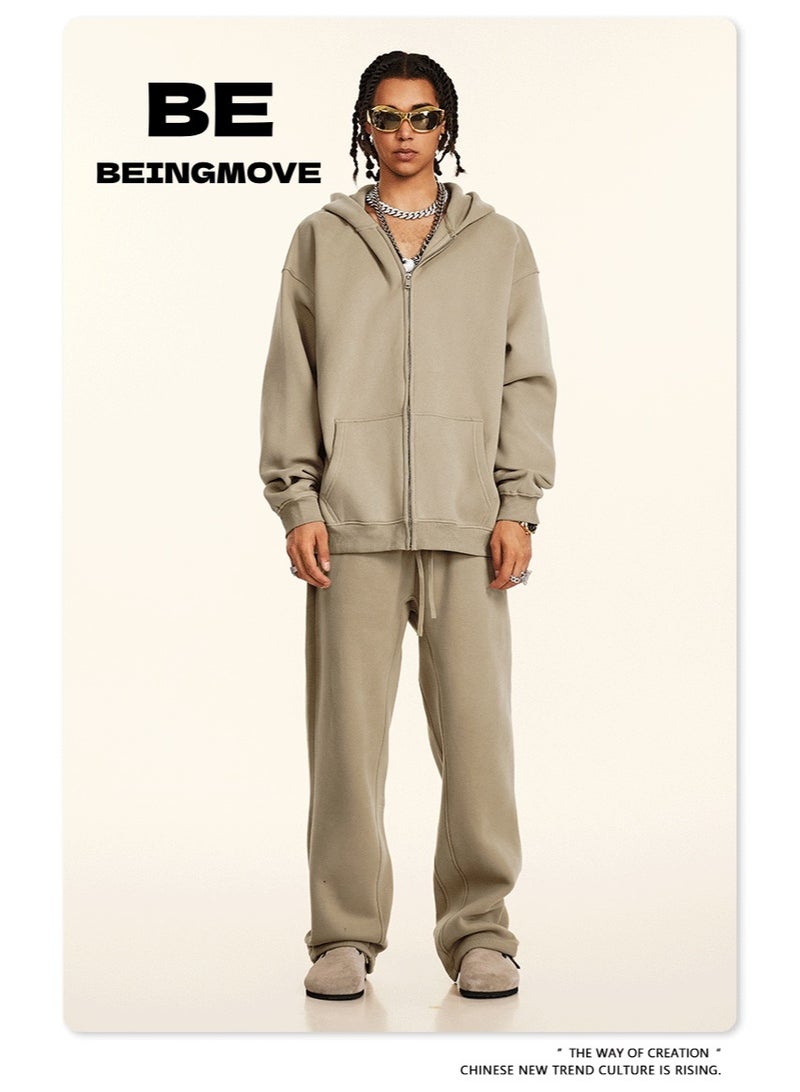 بى طقم من قطعتين: سويت شيرت بغطاء رأس بلون سادة مبطن بالصوف، كارديجان فضفاض كاجوال، وبنطال رياضي (بني فاتح) - Image 1