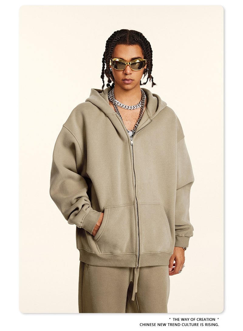 بى طقم من قطعتين: سويت شيرت بغطاء رأس بلون سادة مبطن بالصوف، كارديجان فضفاض كاجوال، وبنطال رياضي (بني فاتح) - Image 3