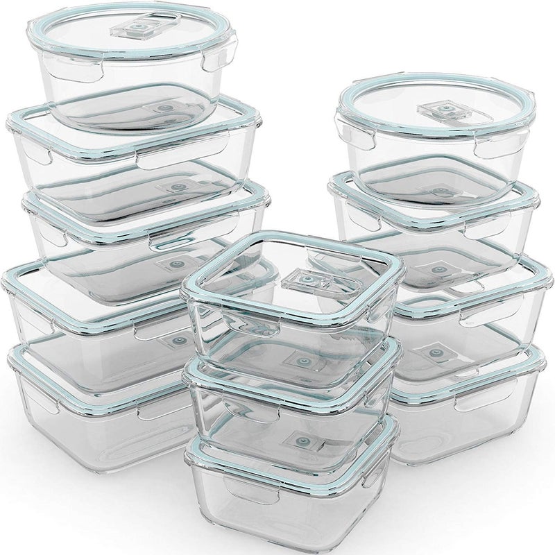 Razab 24 Pc Airtight Glass Food Storage Containers  Glass Meal Prep Containers  Freezer to Oven Safe  Steam Release Valve BPA Free  Airtight Bento Boxes  Leak Proof 12 lids  12 Containers