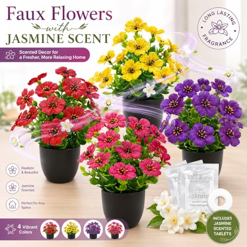 Der Rose 4 Pack Small Fake Plants with Fragrance Discs Spring Faux Flowers in Black Pots Artificial Plants Indoor for Bathroom Room Office Desk Decor - Image 3