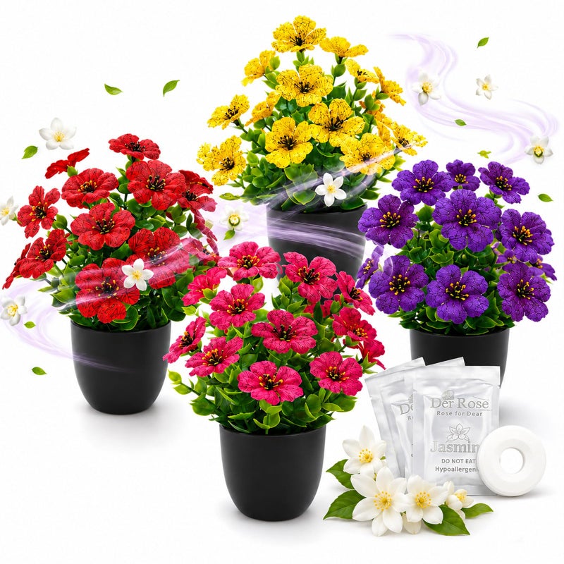 Der Rose 4 Pack Small Fake Plants with Fragrance Discs Spring Faux Flowers in Black Pots Artificial Plants Indoor for Bathroom Room Office Desk Decor - Image 2