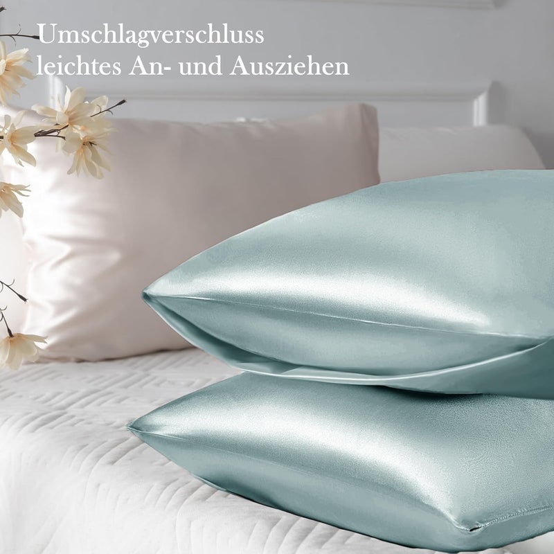 Vielit Set of 2 Satin Pillowcases 50 x 80 cm, Green, Soft Similar to Silk Pillowcase 50 x 80 cm, Premiun Pillowcase 50 x 80 cm Pillowcases for Hair and Skin with 2 Hair Bobbles Eco Certificate - Image 3