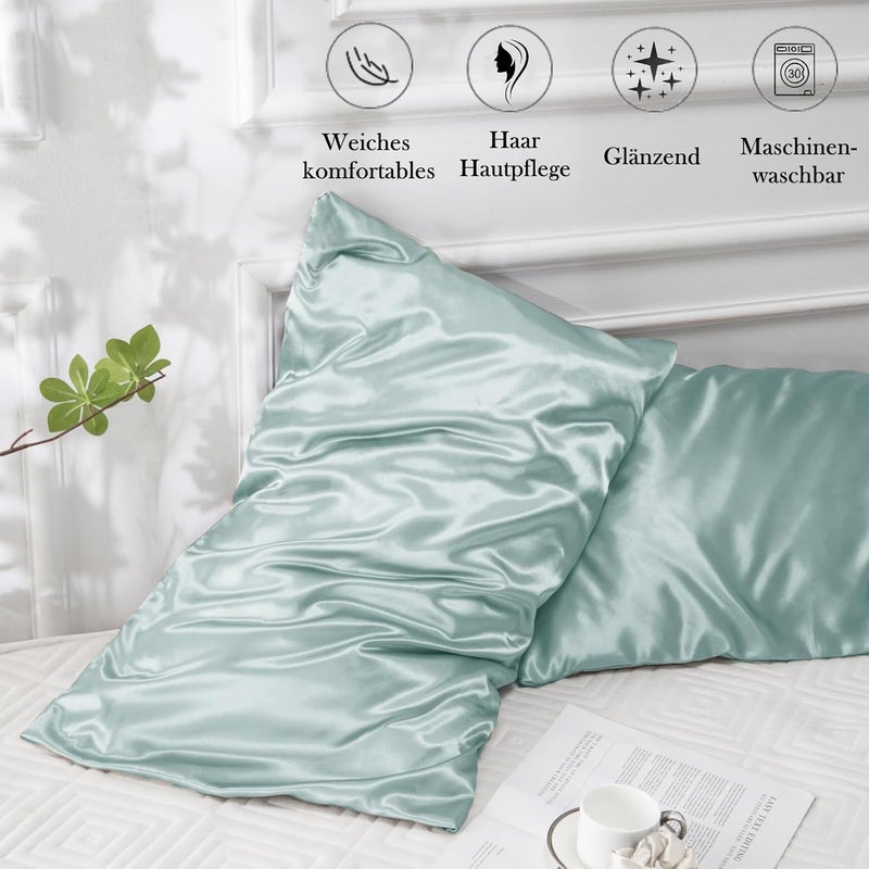 Vielit Set of 2 Satin Pillowcases 50 x 80 cm, Green, Soft Similar to Silk Pillowcase 50 x 80 cm, Premiun Pillowcase 50 x 80 cm Pillowcases for Hair and Skin with 2 Hair Bobbles Eco Certificate - Image 5