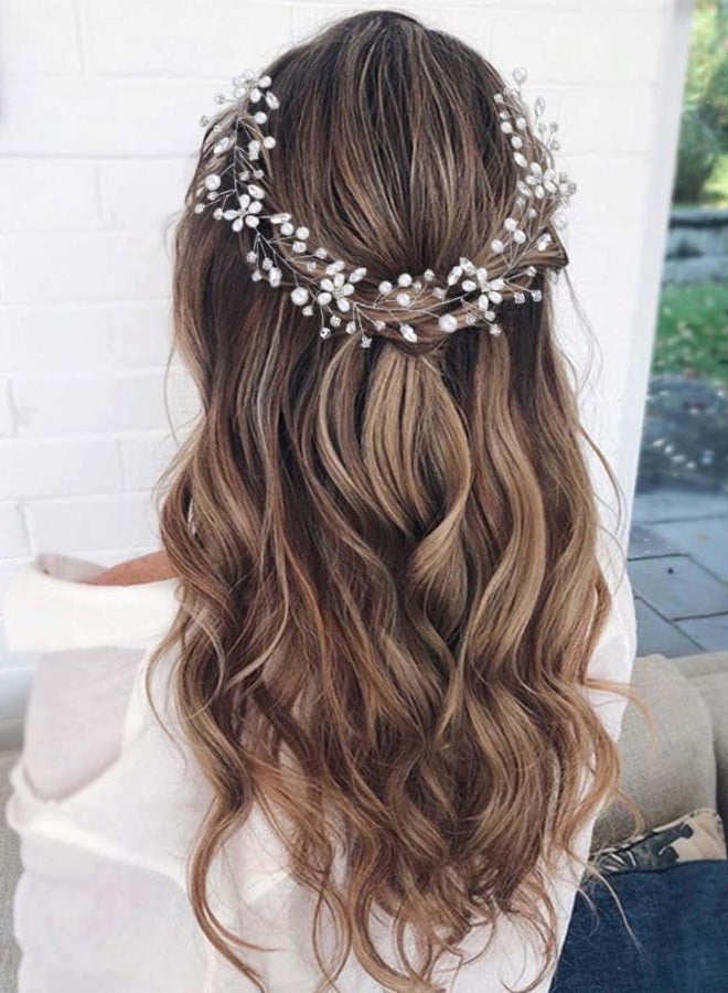 GORAIS Pearl Bridal Hair Vine Silver Crystal Wedding Headband Bride Hair Pieces Flower Hair Accessories for Women and Girls - Image 1