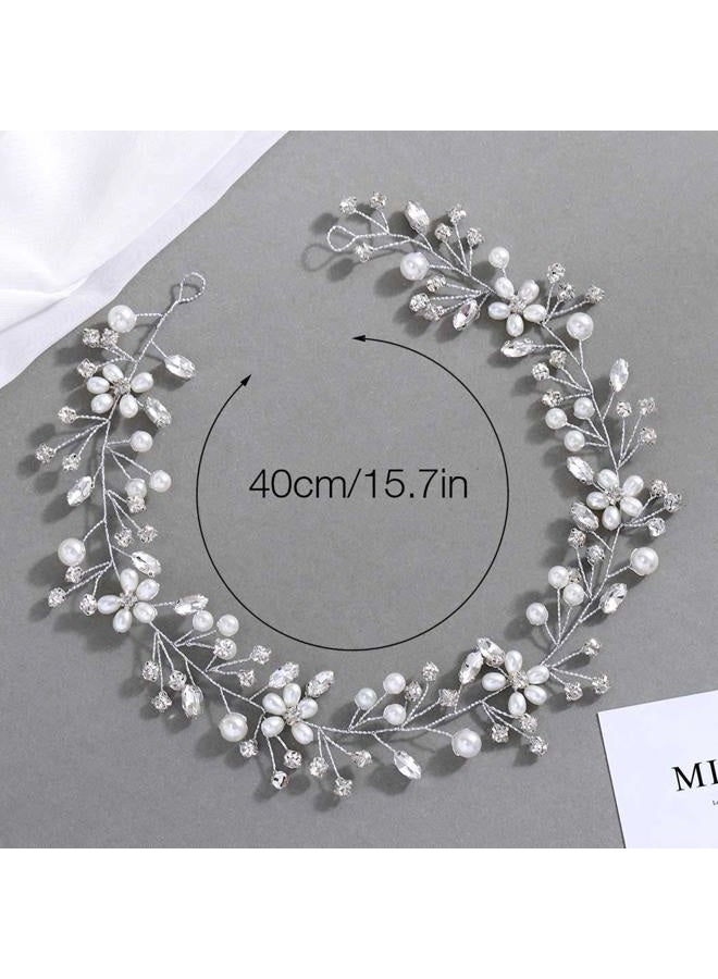 GORAIS Pearl Bridal Hair Vine Silver Crystal Wedding Headband Bride Hair Pieces Flower Hair Accessories for Women and Girls - Image 2