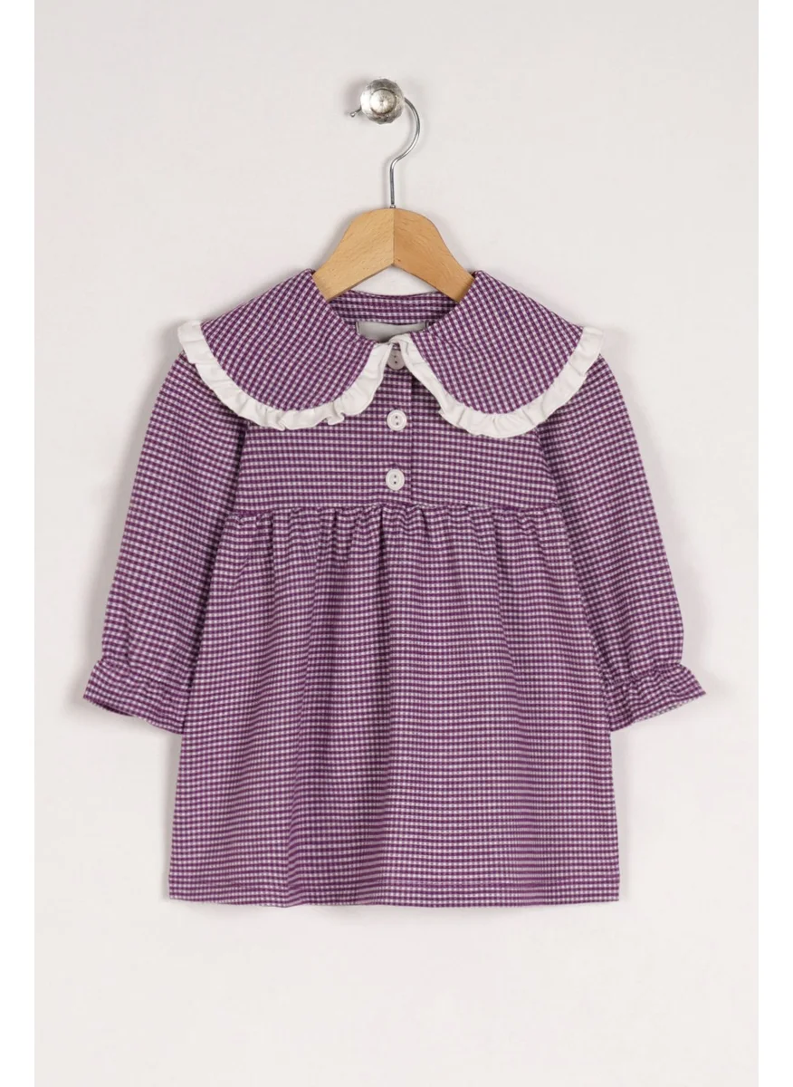 Zepkids Girl Light Purple Colored Checkered Baby Collar Buttoned Dress