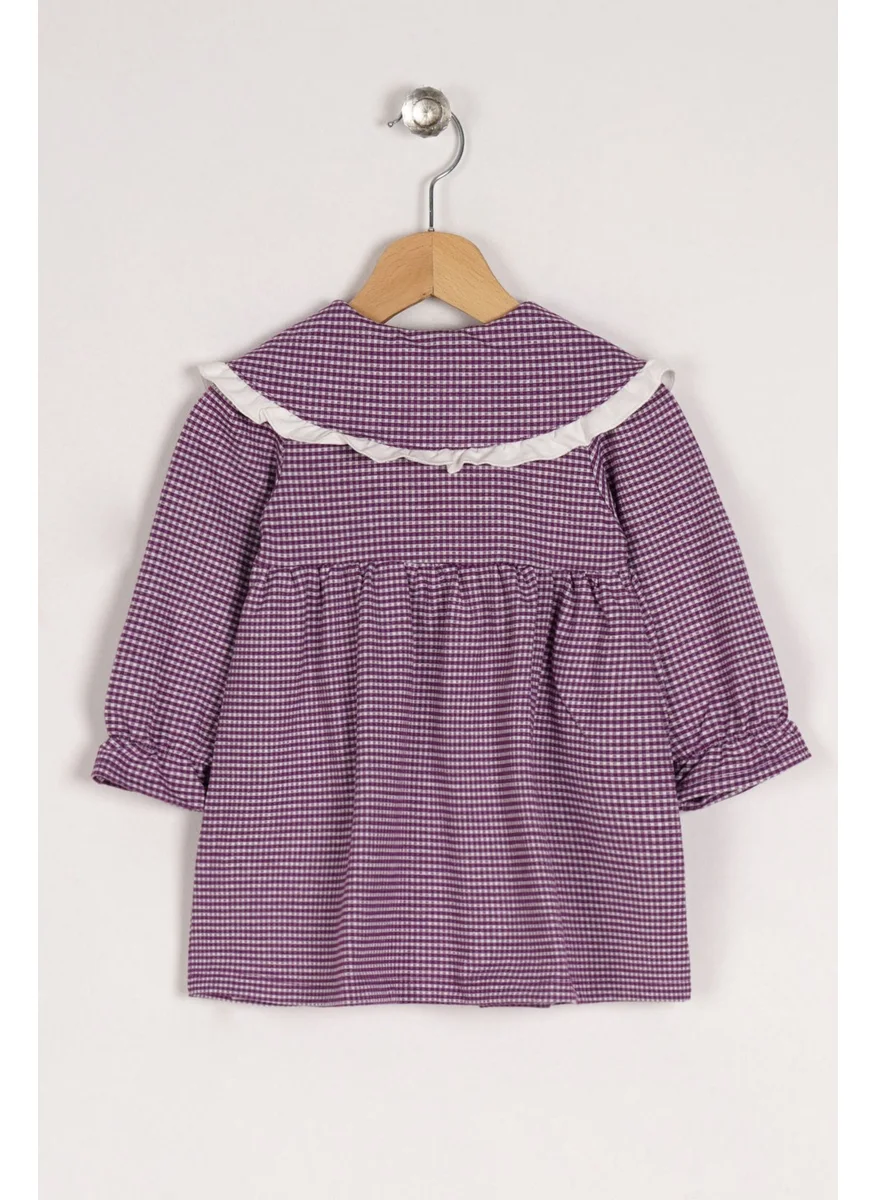 Zepkids Girl Light Purple Colored Checkered Baby Collar Buttoned Dress