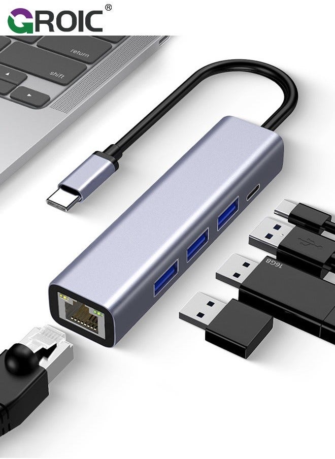 GROIC USB Port Expender with LAN, Built in A & C to Ethernet Adapter, Multiple for PC, Mac Alloy Extra 1 Type and 3 Ports RJ45 Hub  - Image 1