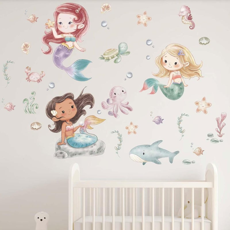 ARS Ocean Mermaid Wall Decals - Under The Sea Marine Fish Whale Turtle Seaweed Grass Wall Stickers - Bathroom Baby Kids Nursery Girls Bedroom Daycare Wall Decor - Image 2