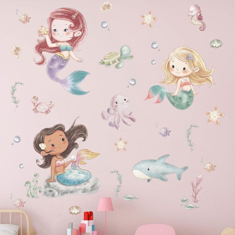 ARS Ocean Mermaid Wall Decals - Under The Sea Marine Fish Whale Turtle Seaweed Grass Wall Stickers - Bathroom Baby Kids Nursery Girls Bedroom Daycare Wall Decor - Image 4