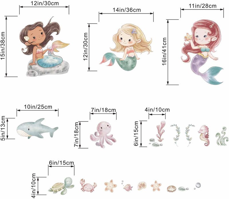 ARS Ocean Mermaid Wall Decals - Under The Sea Marine Fish Whale Turtle Seaweed Grass Wall Stickers - Bathroom Baby Kids Nursery Girls Bedroom Daycare Wall Decor - Image 3