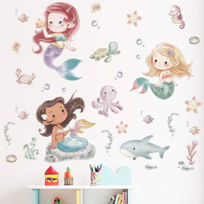 ARS Ocean Mermaid Wall Decals - Under The Sea Marine Fish Whale Turtle Seaweed Grass Wall Stickers - Bathroom Baby Kids Nursery Girls Bedroom Daycare Wall Decor - Image 1