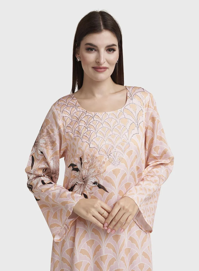 كشخة Dusty Pink Cotton Satin Abstract Print Jalabiya (VDK367)