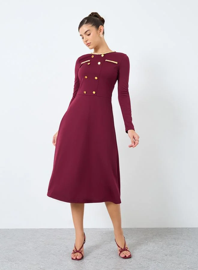 Styli Burgundy Midi Dress with Buttons Detail