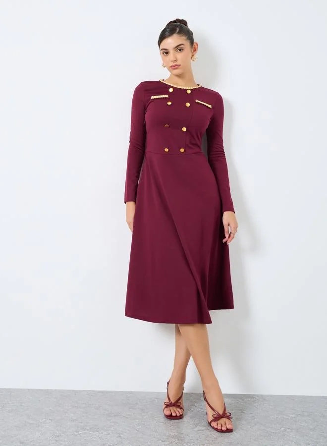 Styli Styli Burgundy Midi Dress with Buttons Detail