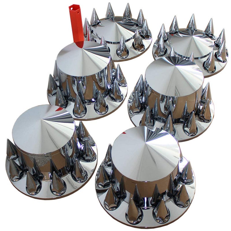 MRJLK Chrome ABS Complete Axle Cover Set with Hub Caps and 33mm Screw-On Spiked Lug Nut Covers for Semi Trucks (2 Front and 4 Rear) - Image 4