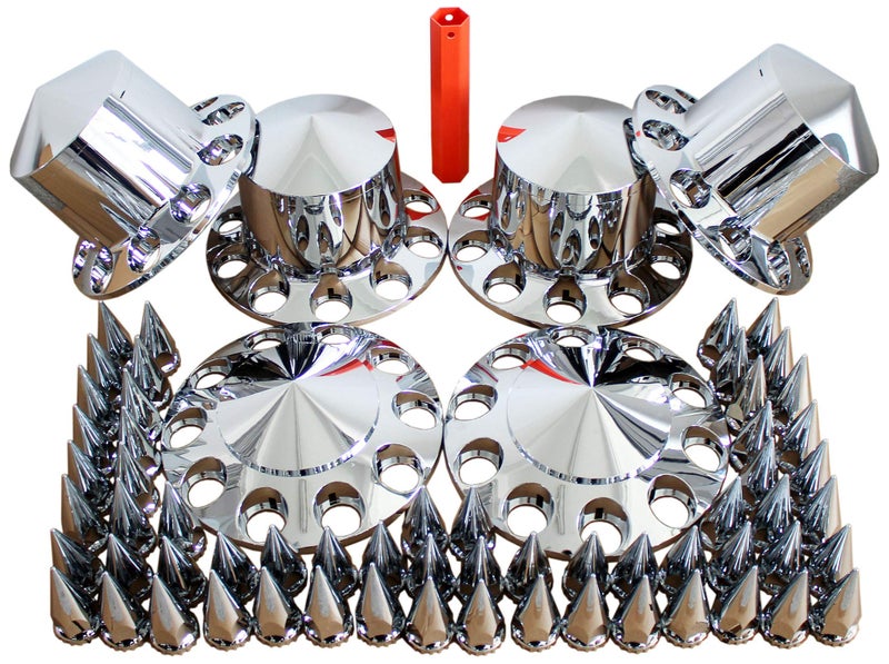 MRJLK Chrome ABS Complete Axle Cover Set with Hub Caps and 33mm Screw-On Spiked Lug Nut Covers for Semi Trucks (2 Front and 4 Rear) - Image 1
