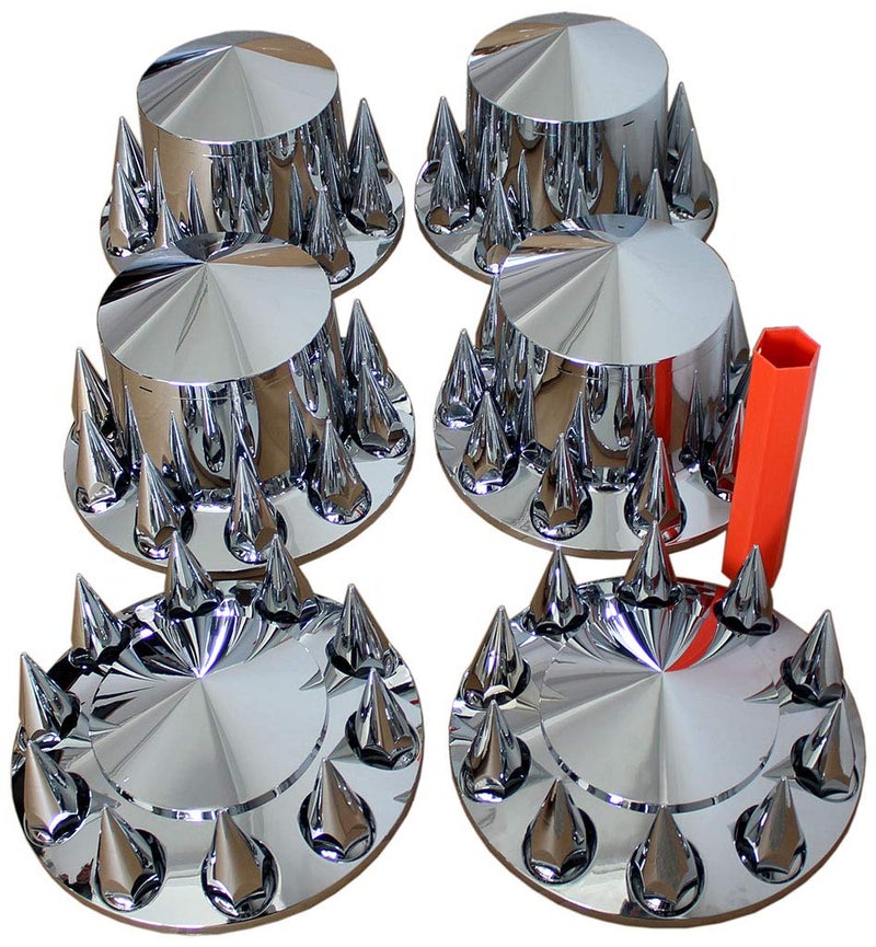 MRJLK Chrome ABS Complete Axle Cover Set with Hub Caps and 33mm Screw-On Spiked Lug Nut Covers for Semi Trucks (2 Front and 4 Rear) - Image 3