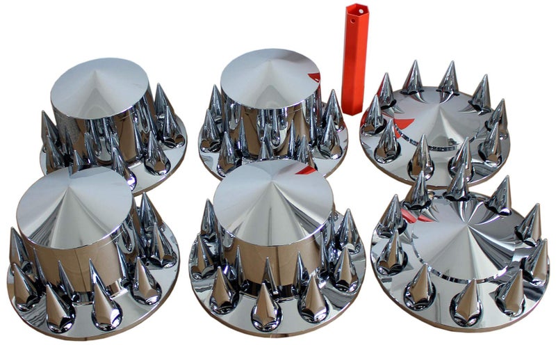 MRJLK Chrome ABS Complete Axle Cover Set with Hub Caps and 33mm Screw-On Spiked Lug Nut Covers for Semi Trucks (2 Front and 4 Rear) - Image 2