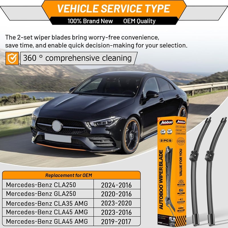 AUTOBOO 24"+19" Windshield Wipers Replacement for Mercedes-Benz CLA250 GLA250 CLA45 GLA45 AMG 2020 2019 2018 2017 2016 -Original Factory Quality (Pack of 2) - Image 2