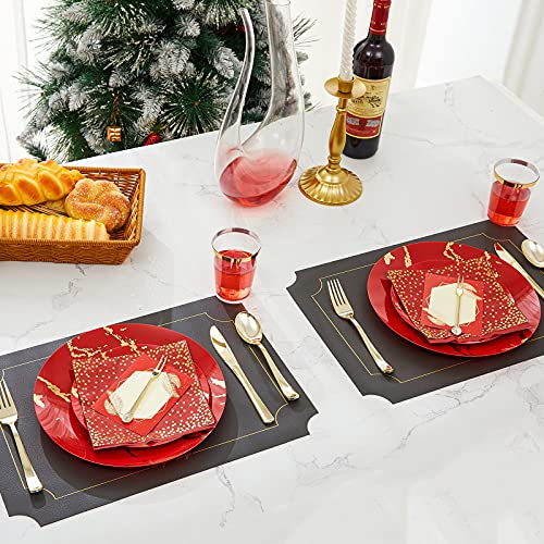 N9R 225PCS Red Gold Disposable Dinnerware Set - Red Gold Plastic Plates, Includes 25 Dinner Plates, 25 Dessert Plates, 25 Forks, 25 Spoons, 25 Knives, 25 Gold Cups, 25 Napkins & Table Cards for Party - Image 5