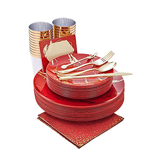 N9R 225PCS Red Gold Disposable Dinnerware Set - Red Gold Plastic Plates, Includes 25 Dinner Plates, 25 Dessert Plates, 25 Forks, 25 Spoons, 25 Knives, 25 Gold Cups, 25 Napkins & Table Cards for Party - Image 1