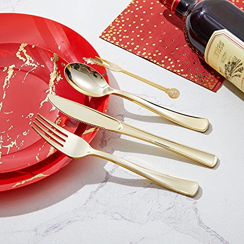 N9R 225PCS Red Gold Disposable Dinnerware Set - Red Gold Plastic Plates, Includes 25 Dinner Plates, 25 Dessert Plates, 25 Forks, 25 Spoons, 25 Knives, 25 Gold Cups, 25 Napkins & Table Cards for Party - Image 3
