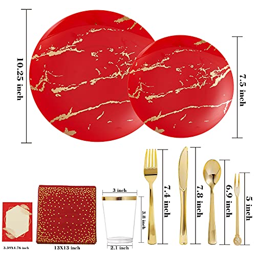 N9R 225PCS Red Gold Disposable Dinnerware Set - Red Gold Plastic Plates, Includes 25 Dinner Plates, 25 Dessert Plates, 25 Forks, 25 Spoons, 25 Knives, 25 Gold Cups, 25 Napkins & Table Cards for Party - Image 2