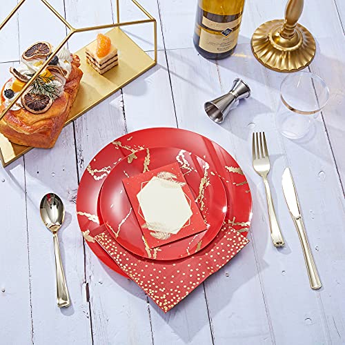 N9R 225PCS Red Gold Disposable Dinnerware Set - Red Gold Plastic Plates, Includes 25 Dinner Plates, 25 Dessert Plates, 25 Forks, 25 Spoons, 25 Knives, 25 Gold Cups, 25 Napkins & Table Cards for Party - Image 4