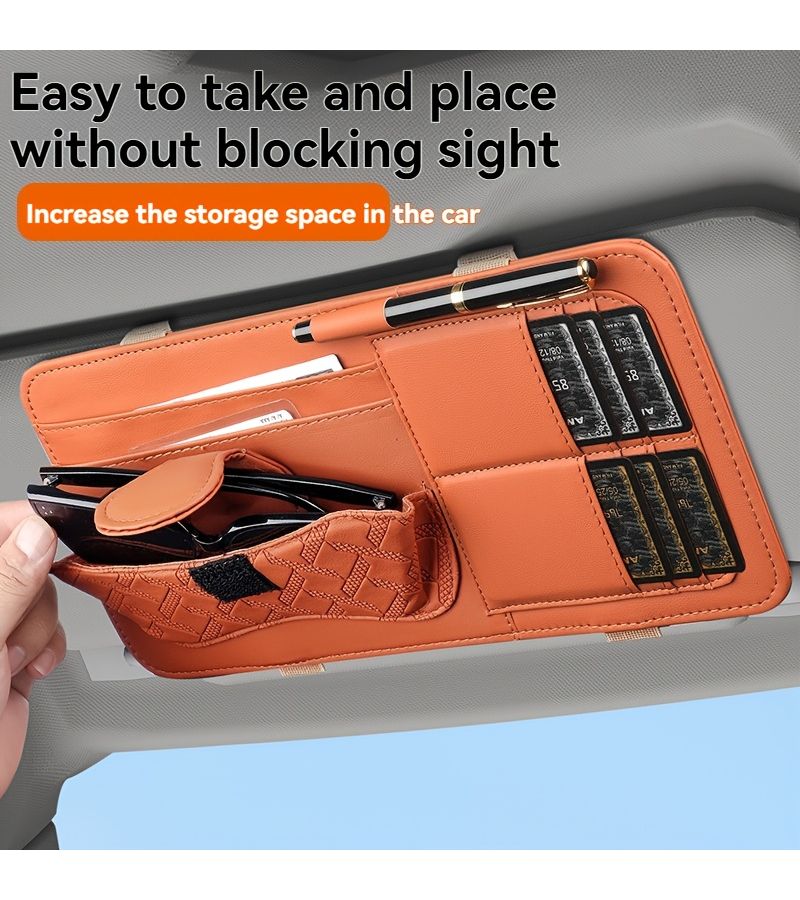 Brown Car Sun Visor Glasses Clip Organizer With Storage Bag For Cards Documents And Change Multi Purpose Interior Accessories All Year Round - Image 1