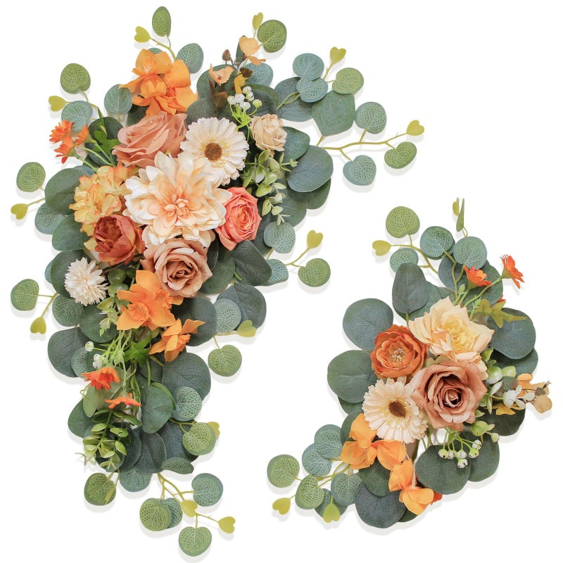 Odouzy Artificial Wedding Arch Flowers for Wedding Sign,Set of 2 for Wedding Welcome Ceremony Sign,Faux Floral Swags,Wedding, Banquet and Reception Backdrop Floral Decoration (Orange) - Image 1