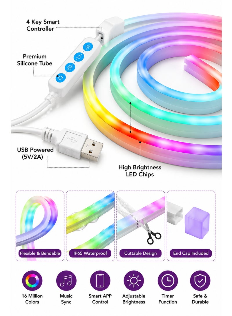 2M RGB LED Tape Lights with Smart APP Control, Music Sync Neon Rope Lights, Waterproof Flexible LED Strip Lights for TV Backlight, Bedroom, Gaming Room & Wall Decor - Image 5