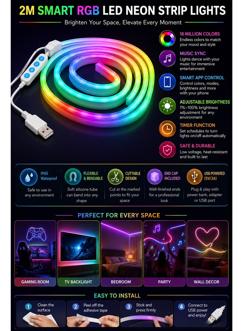 2M RGB LED Tape Lights with Smart APP Control, Music Sync Neon Rope Lights, Waterproof Flexible LED Strip Lights for TV Backlight, Bedroom, Gaming Room & Wall Decor - Image 2