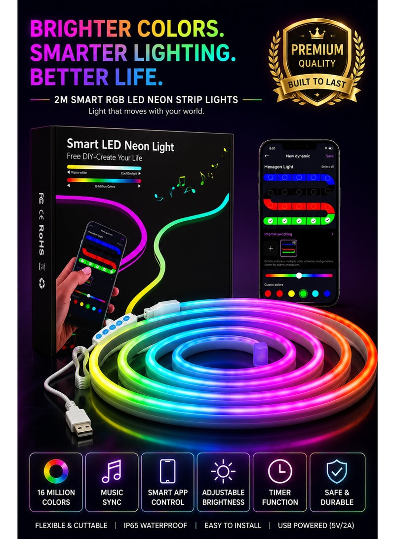 2M RGB LED Tape Lights with Smart APP Control, Music Sync Neon Rope Lights, Waterproof Flexible LED Strip Lights for TV Backlight, Bedroom, Gaming Room & Wall Decor - Image 4