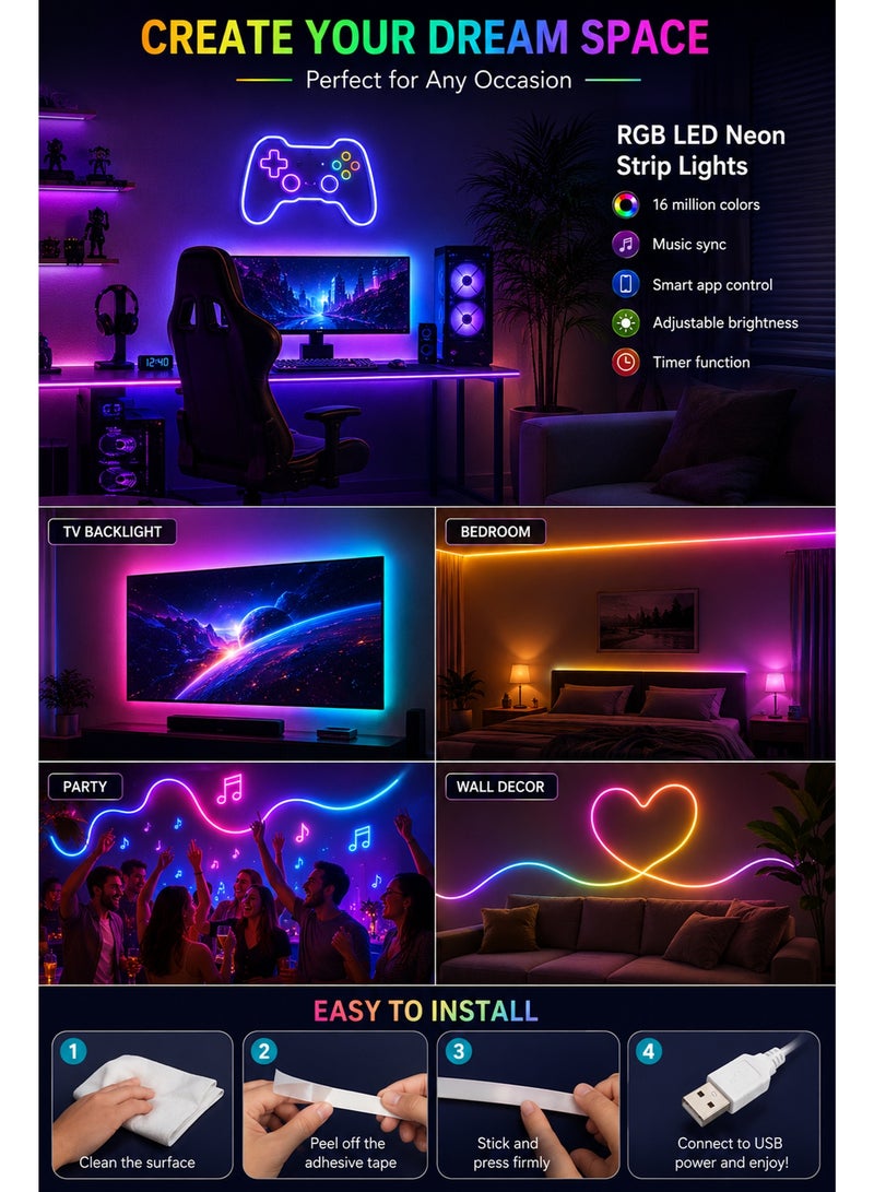 2M RGB LED Tape Lights with Smart APP Control, Music Sync Neon Rope Lights, Waterproof Flexible LED Strip Lights for TV Backlight, Bedroom, Gaming Room & Wall Decor - Image 3