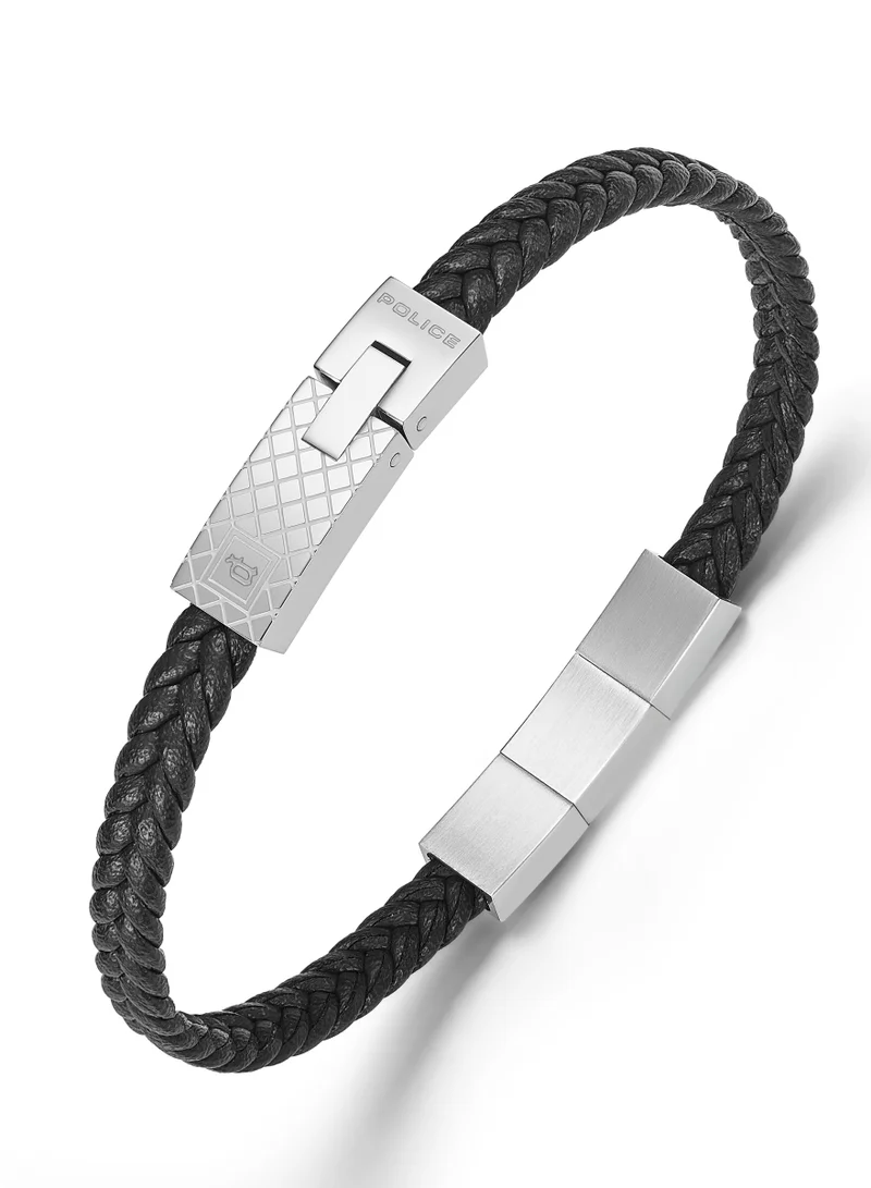 POLICE Intersect Black Leather Stainless Steel Gents Bracelet