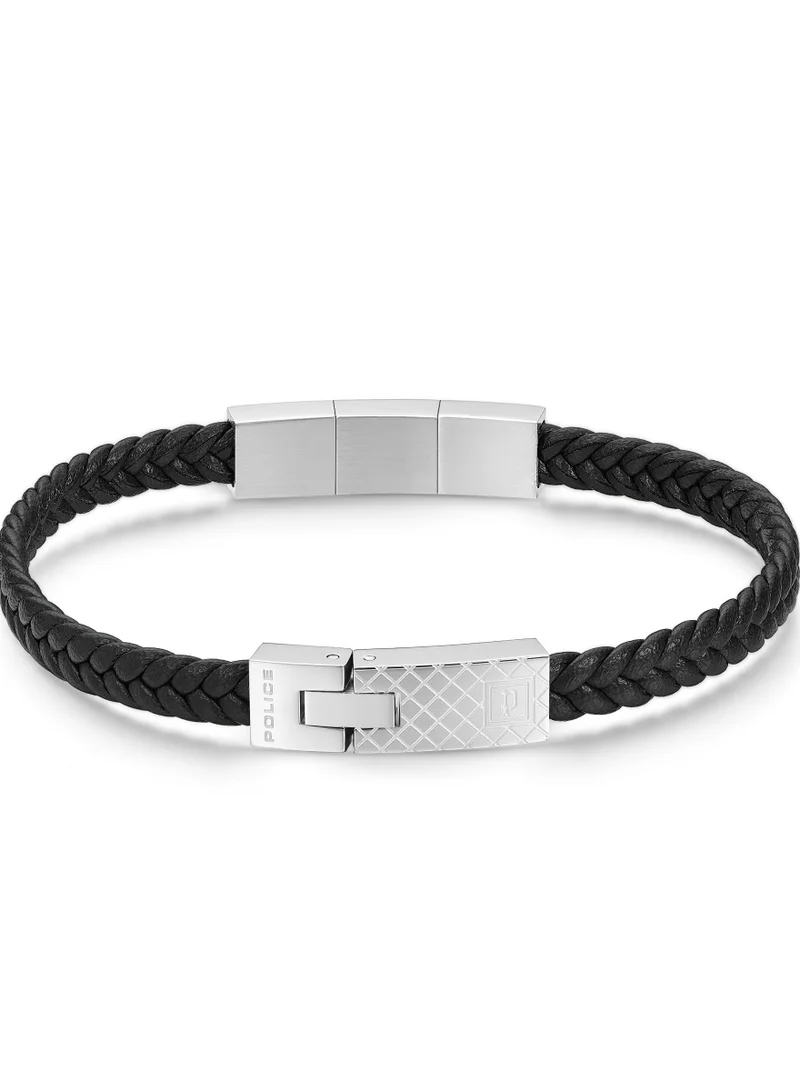 POLICE Intersect Black Leather Stainless Steel Gents Bracelet