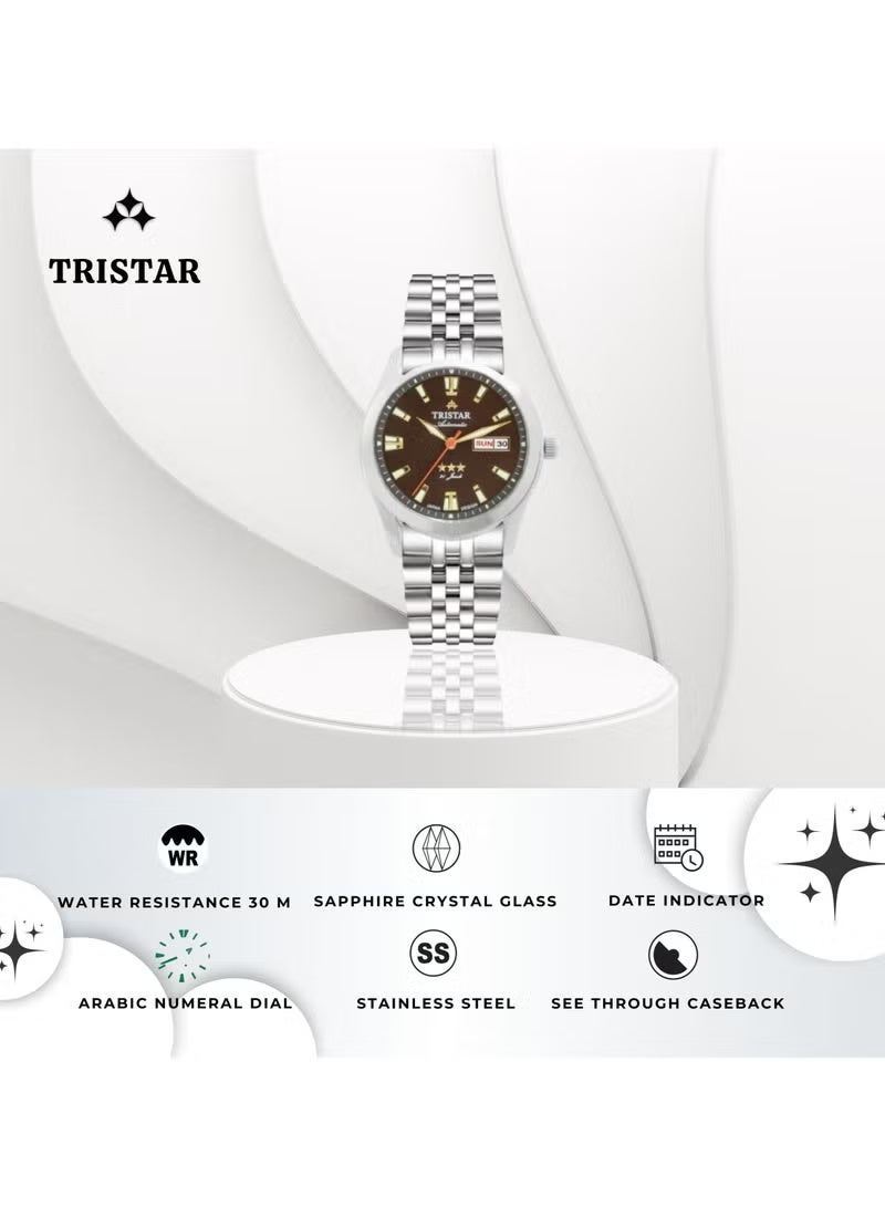 Tristar ساعة أوتوماتيكية للرجال من تريستار BA بقرص بني وسوار من الفولاذ المقاوم للصدأ (TS-BA21TMSSM03) - Image 5