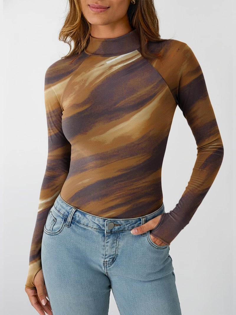 Dealmore Lace Sheer Floral Mesh Mockneck Going Out Tops for Women Fall Fashion Spring Outfits 2026 Clothes Light Brown S - Image 2