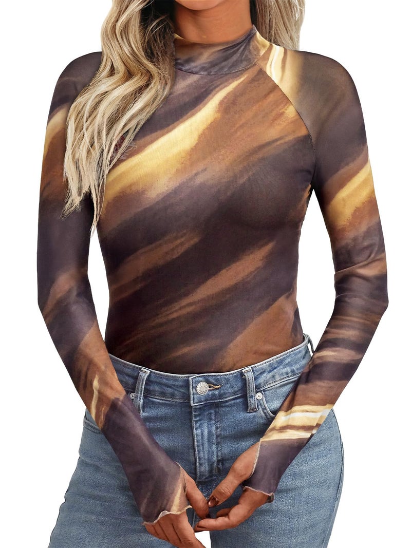 Dealmore Lace Sheer Floral Mesh Mockneck Going Out Tops for Women Fall Fashion Spring Outfits 2026 Clothes Light Brown S - Image 1