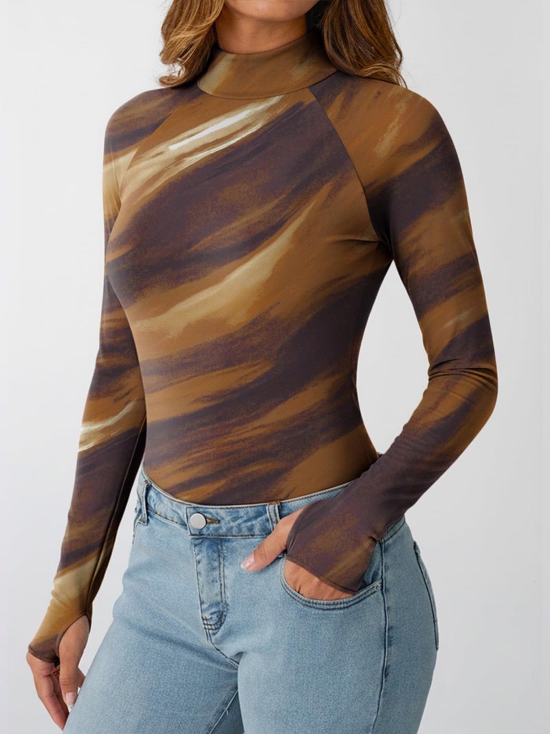 Dealmore Lace Sheer Floral Mesh Mockneck Going Out Tops for Women Fall Fashion Spring Outfits 2026 Clothes Light Brown S - Image 3